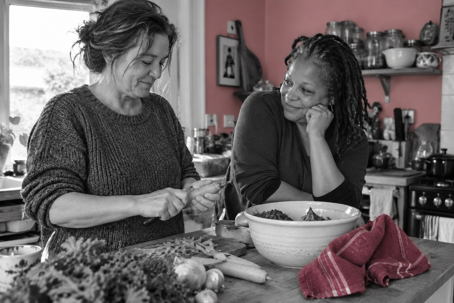 Image d’ambiance créée : des femmes cuisinant ensemble dans une cuisine aux accents roses