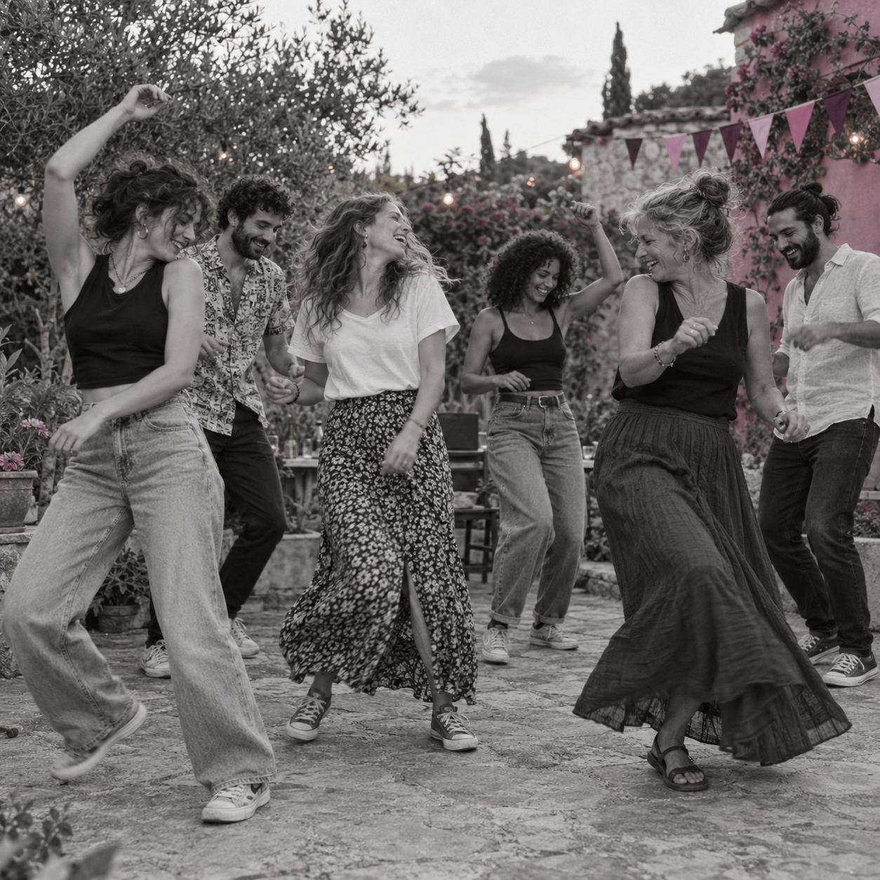 Image d’ambiance créée : un groupe de femmes et d’hommes d’âges variés dansant dehors, avec des accents vieux rose