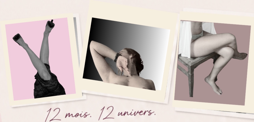 Trois photographies du calendrier : jambes en l’air, portrait et femme assise sur une chaise
